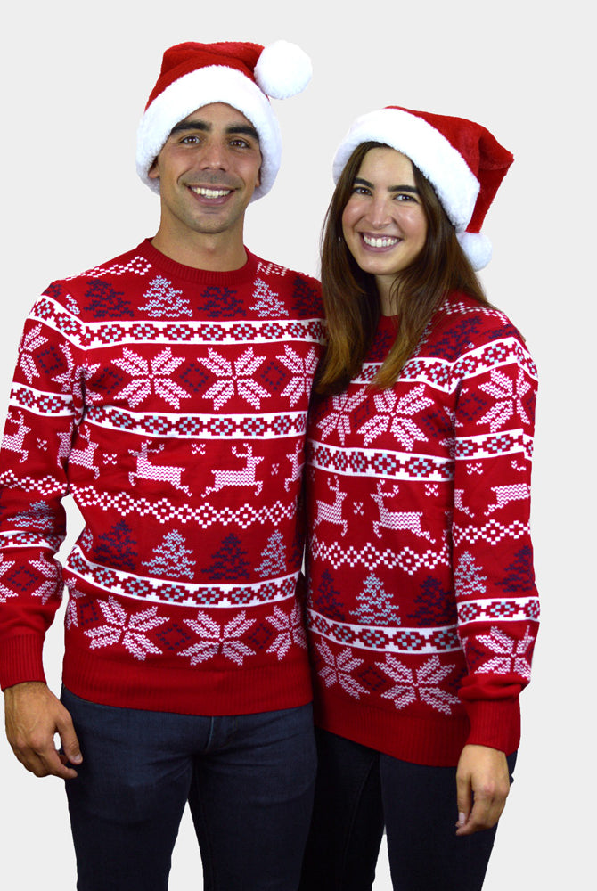 Classic Red Couple's Ugly Christmas Sweater with Polar Stars