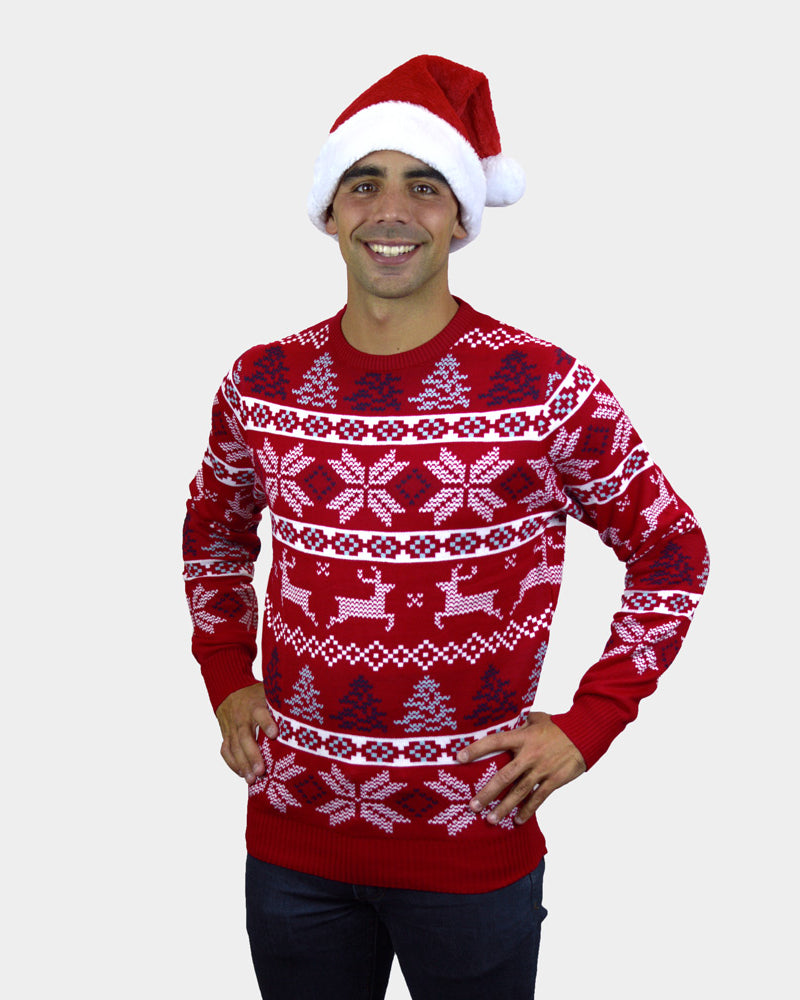 Classic Red Ugly Christmas Sweater with Polar Stars Mens