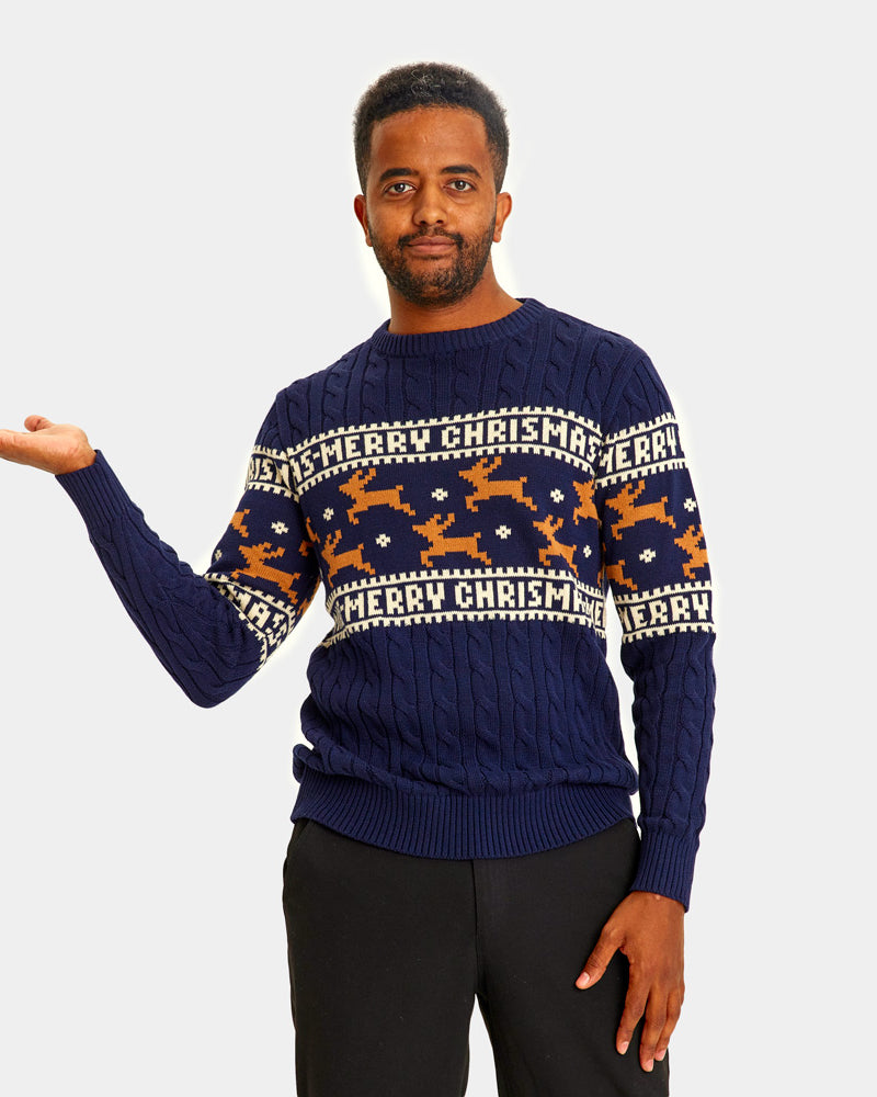Classy Blue Organic Cotton Couples Ugly Christmas Sweater Reindeers Mens