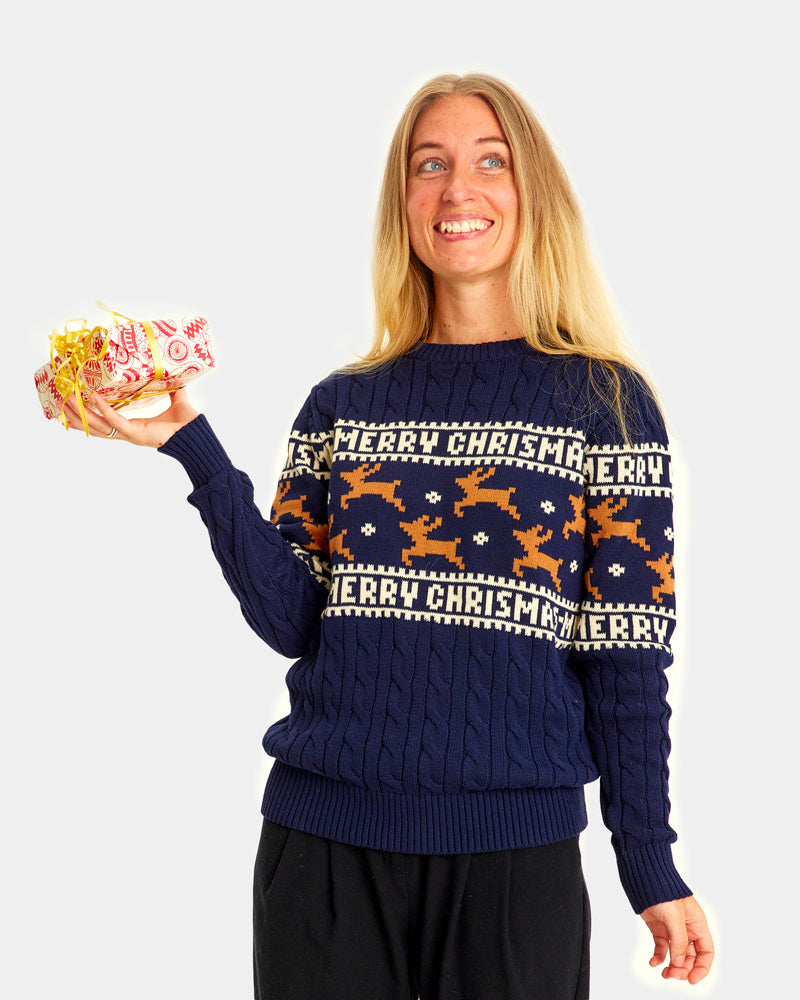 Classy Blue Organic Cotton Couples Ugly Christmas Sweater Reindeers Womens