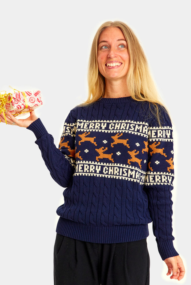 Classy Blue Organic Cotton Couples Ugly Christmas Sweater Reindeers Womens