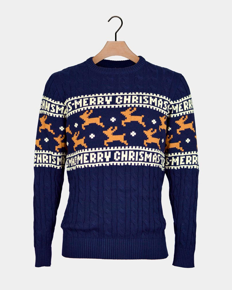 Classy Blue Organic Cotton Couples Ugly Christmas Sweater Reindeers