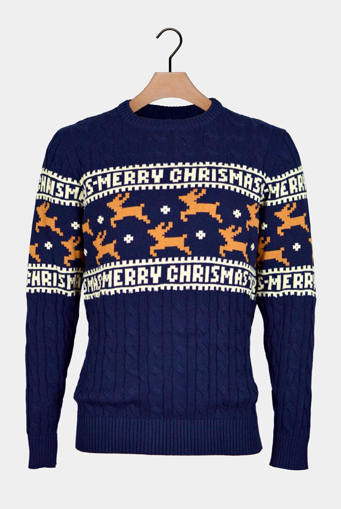 Classy Blue Organic Cotton Couples Ugly Christmas Sweater Reindeers