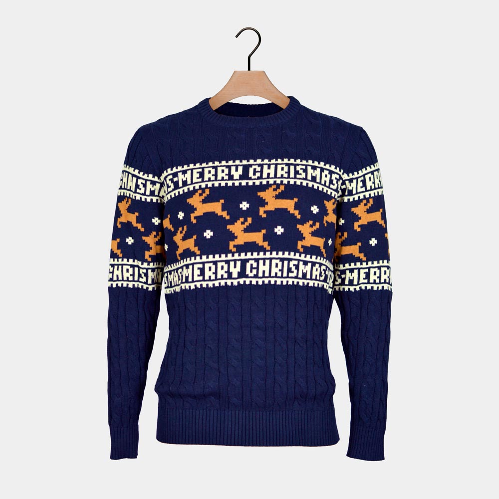 Classy Blue Organic Cotton Couples Ugly Christmas Sweater Reindeers