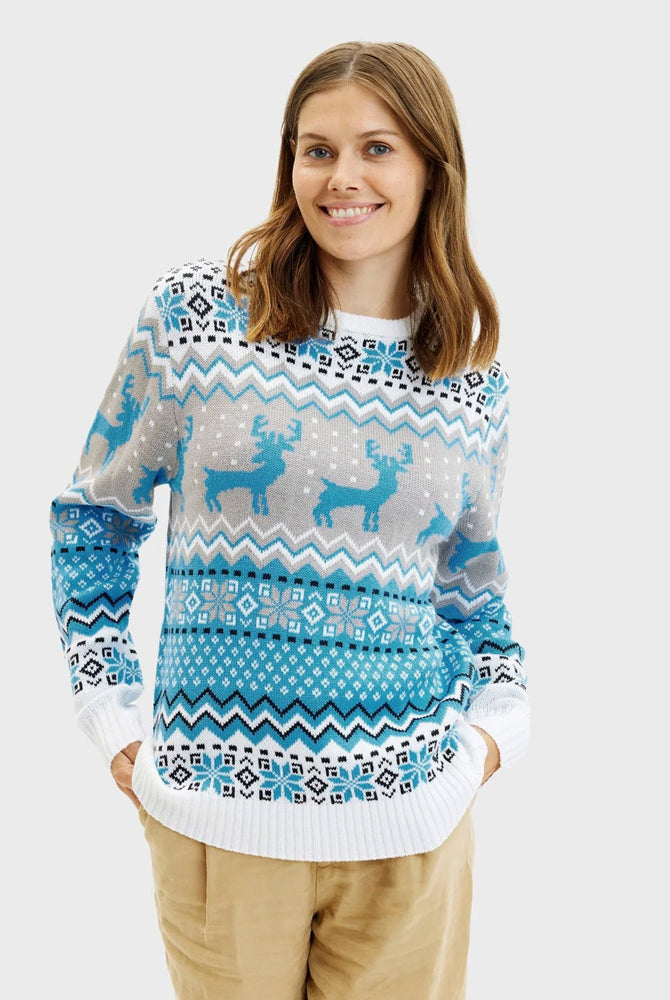 Classy White Grey Womens Blue Couples Ugly Christmas Sweater Reindeers