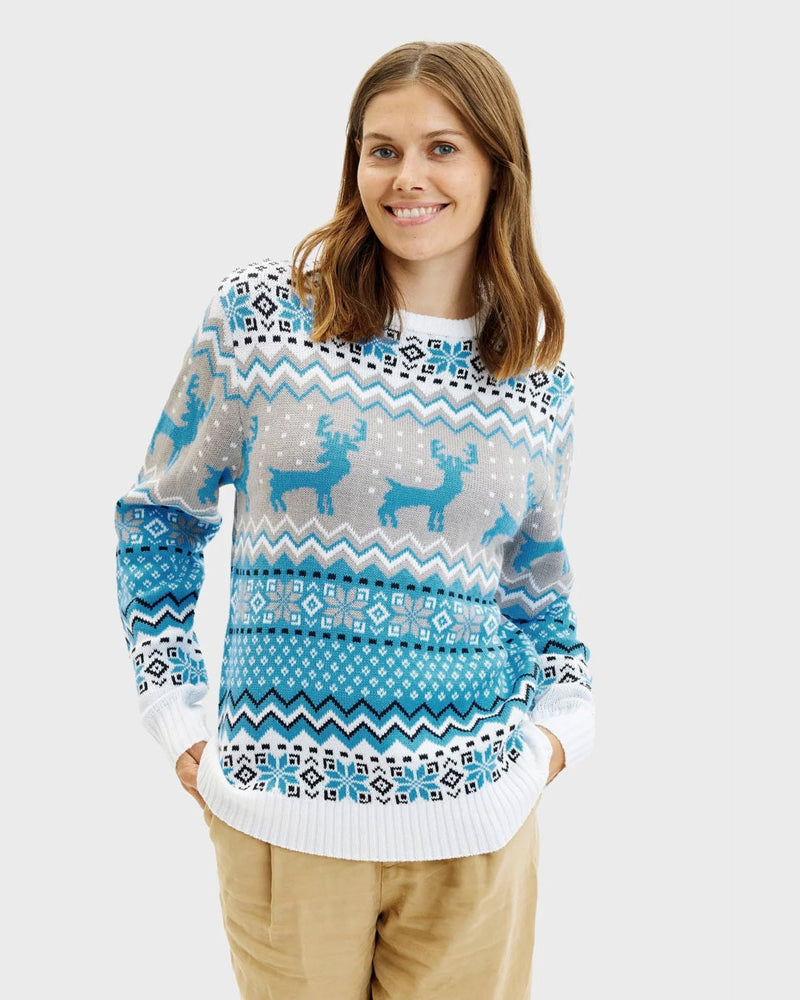Classy White Grey Blue Mens Ugly Christmas Sweater Womens Reindeers
