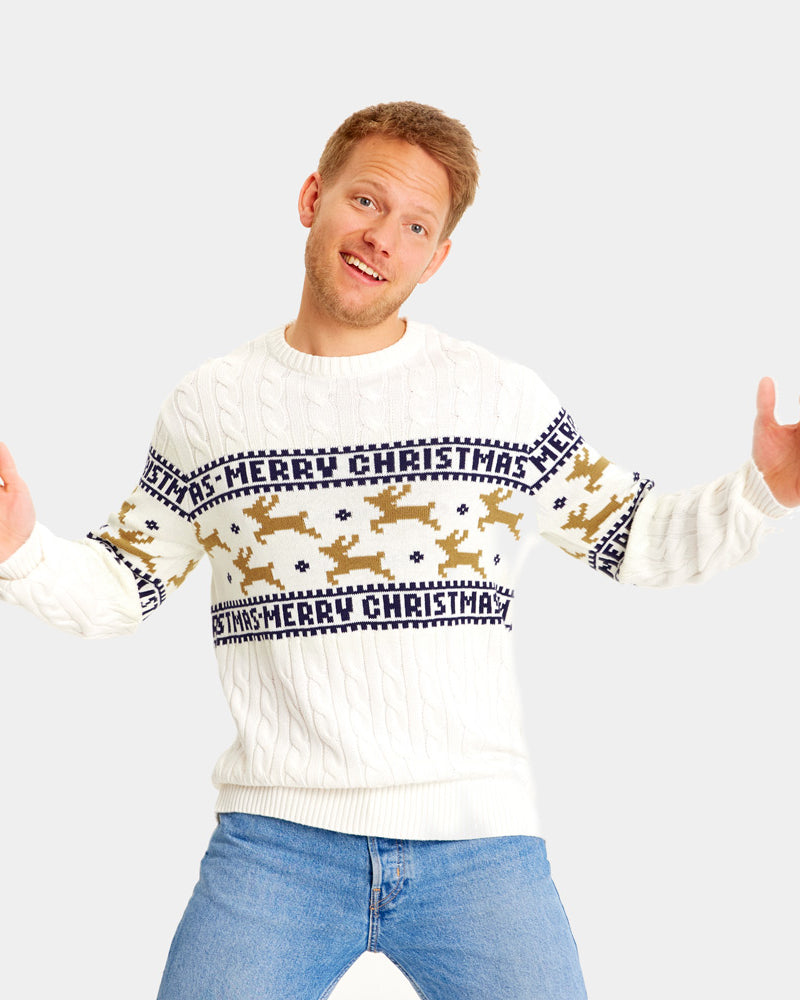 Mens Classy White Organic Cotton Couple's Ugly Christmas Sweater with Reindeers