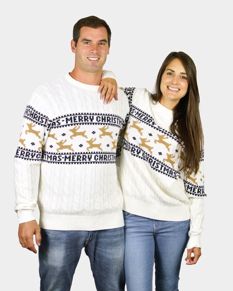 Couples Classy White Organic Cotton Ugly Christmas Sweater with Reindeers