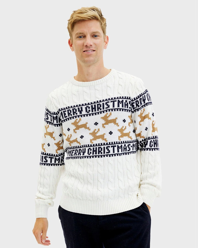 Classy White Organic Cotton Mens Ugly Christmas Sweater with Reindeers