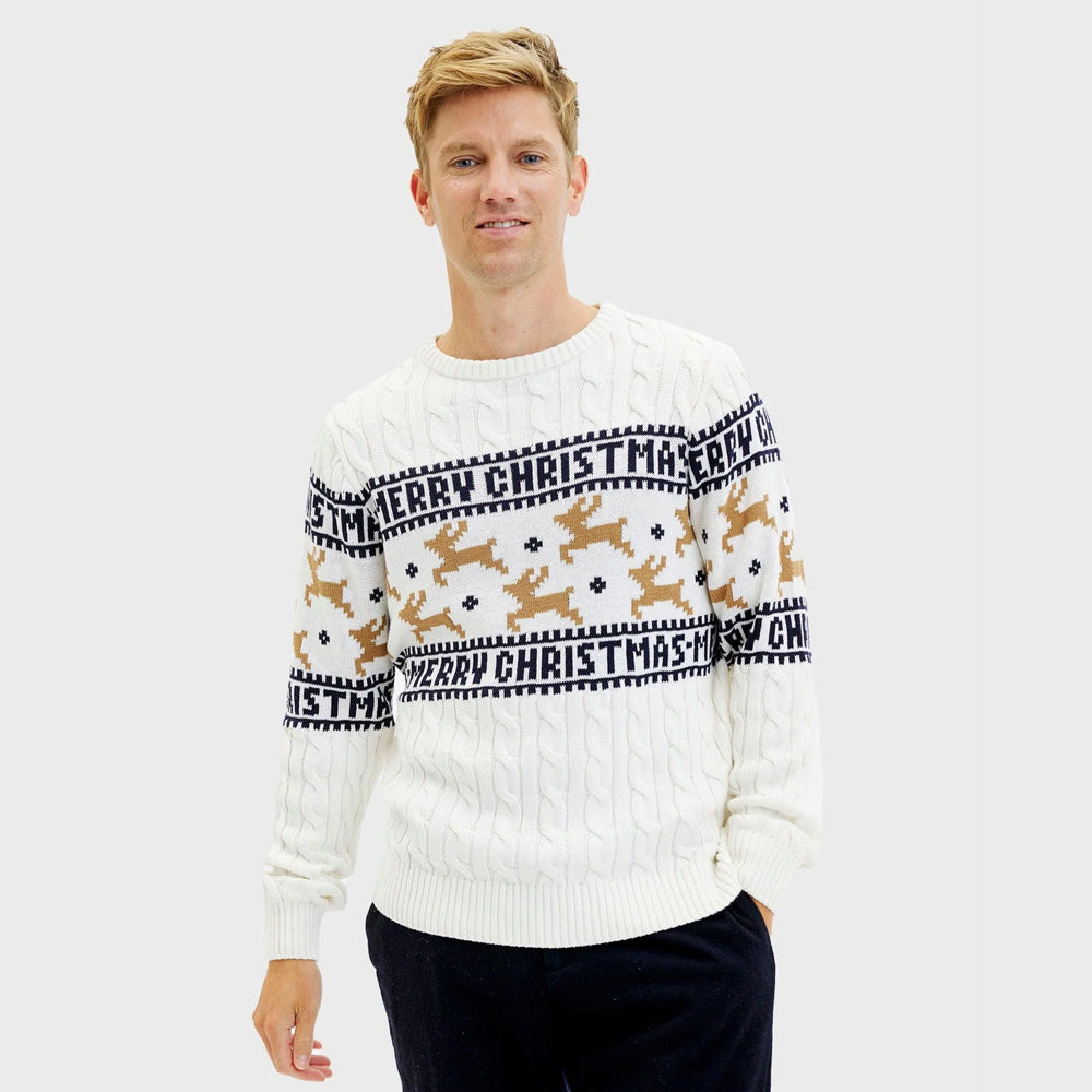 Classy White Organic Cotton Mens Ugly Christmas Sweater with Reindeers