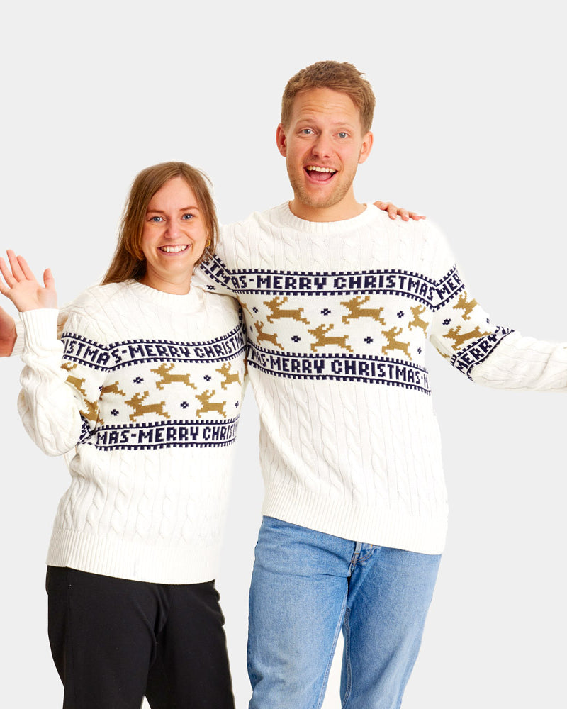 Classy White Organic Cotton Couple's Ugly Christmas Sweater with Reindeers