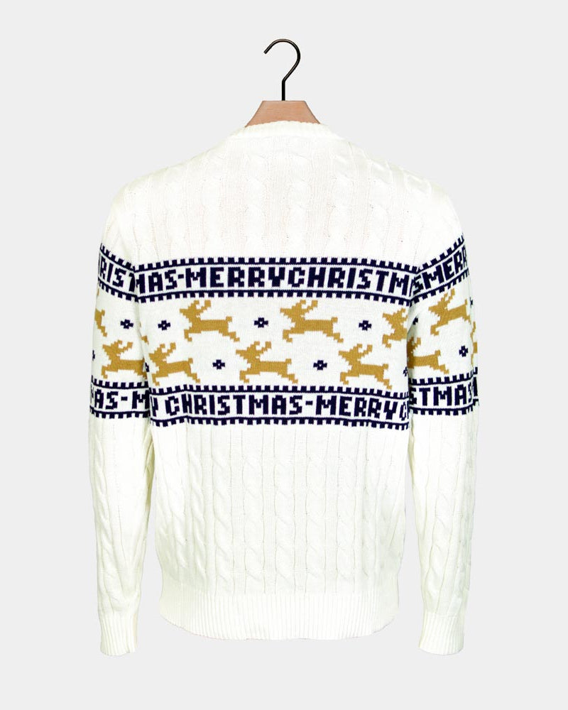 Classy White Organic Cotton Ugly Christmas Sweater with Reindeers Mens