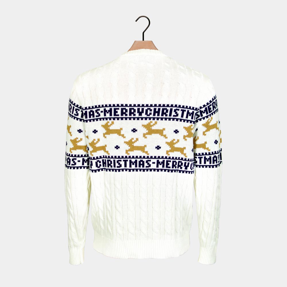 Classy White Organic Cotton Ugly Christmas Sweater with Reindeers Mens