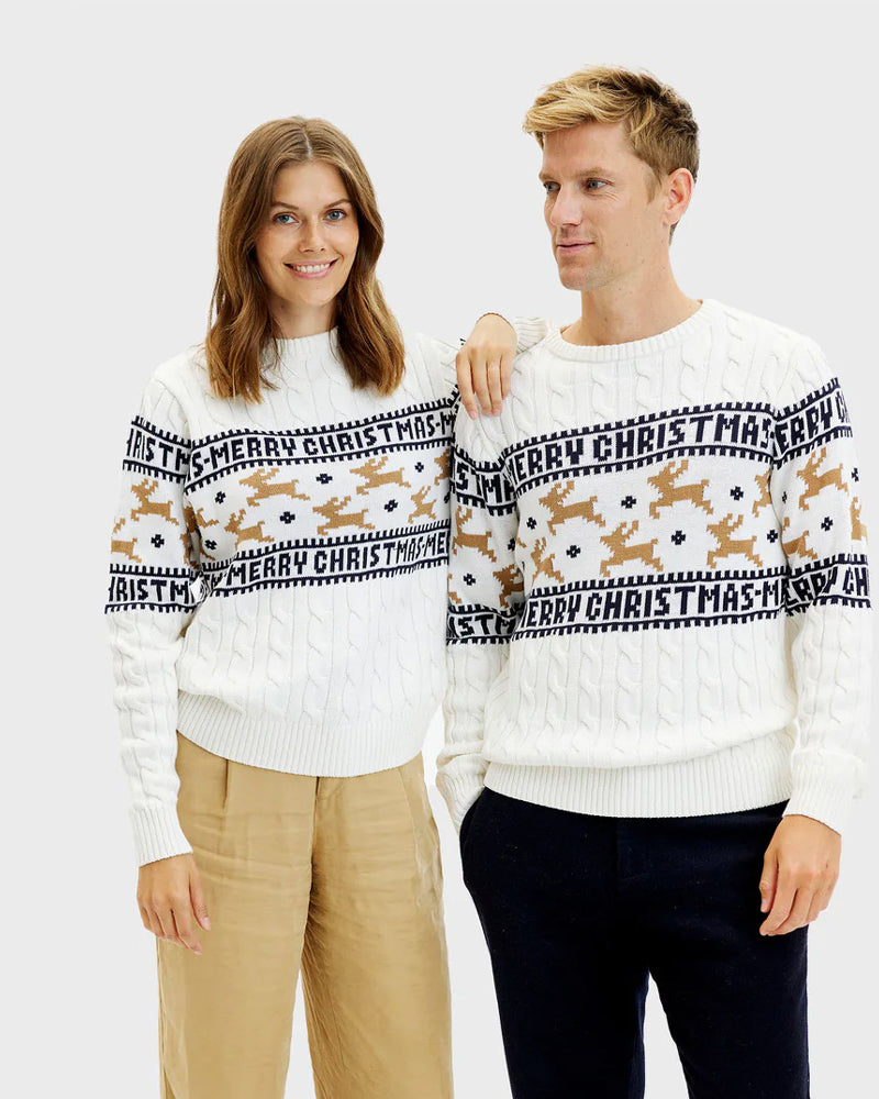 Classy White Organic Cotton Womens Ugly Christmas Sweater Mens 
Reindeers