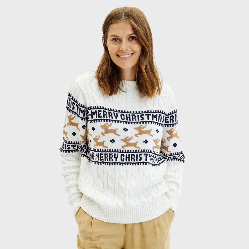 Classy White Organic Cotton Womens Ugly Christmas Sweater with Reindeers