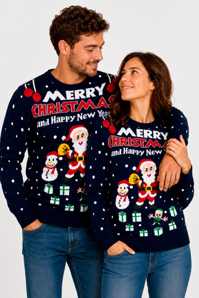 Couple Womens Ugly Christmas Sweater 'Merry Christmas and Happy New Year