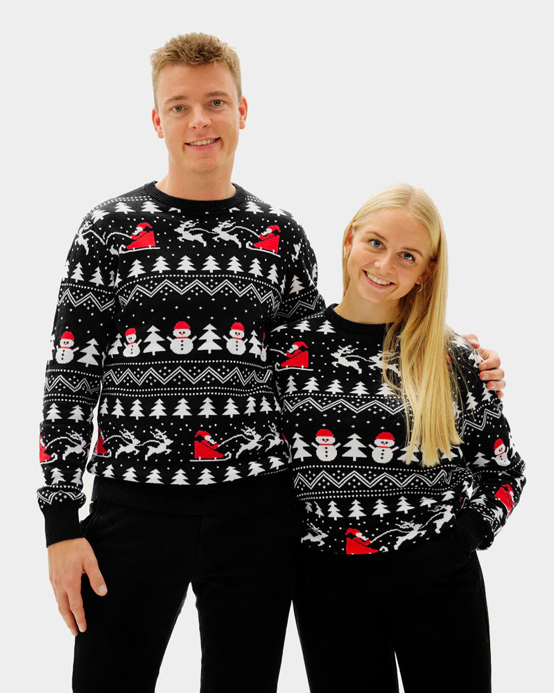 Womens and Mens Black Ugly Christmas Sweater with Trees, Snowmen and Santa