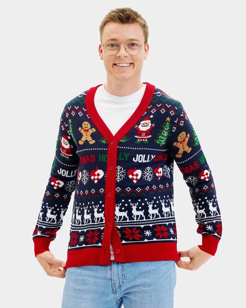 Couple's Blue and Red Cardigan Ugly Christmas Sweater Mens