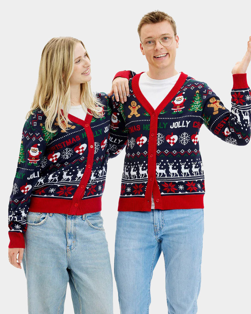 Couple's Blue and Red Cardigan Ugly Christmas Sweater