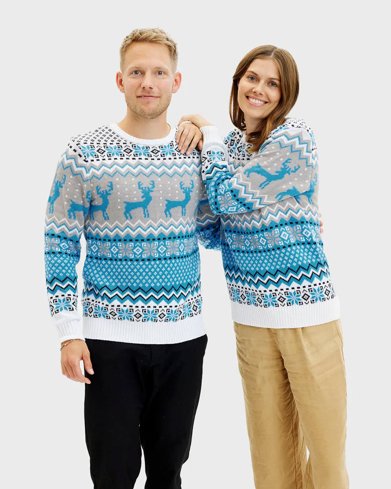 Classy White Grey Blue Couples Ugly Christmas Sweater Reindeers