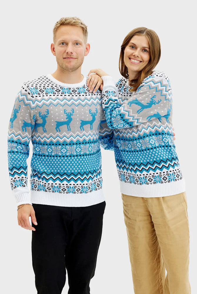 Classy White Grey Blue Couples Ugly Christmas Sweater Reindeers