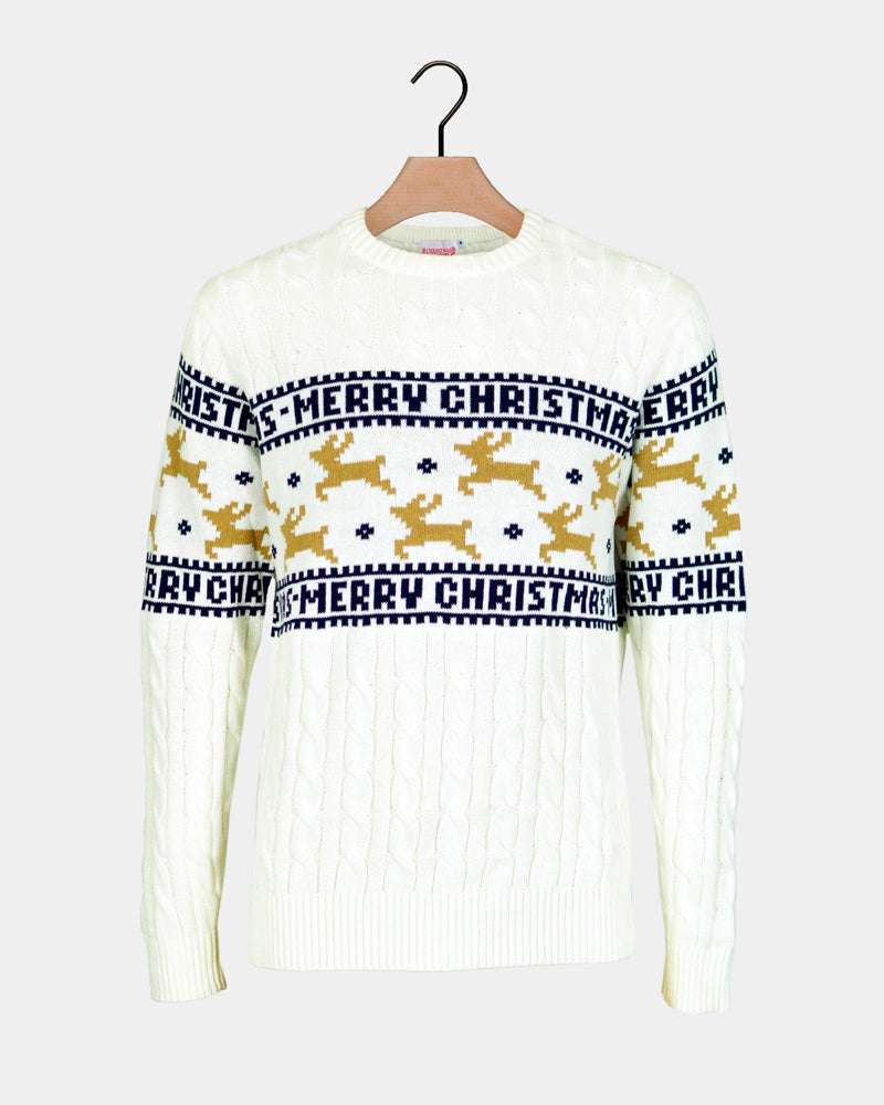 Classy White Organic Cotton Couple's Ugly Christmas Sweater Reindeers