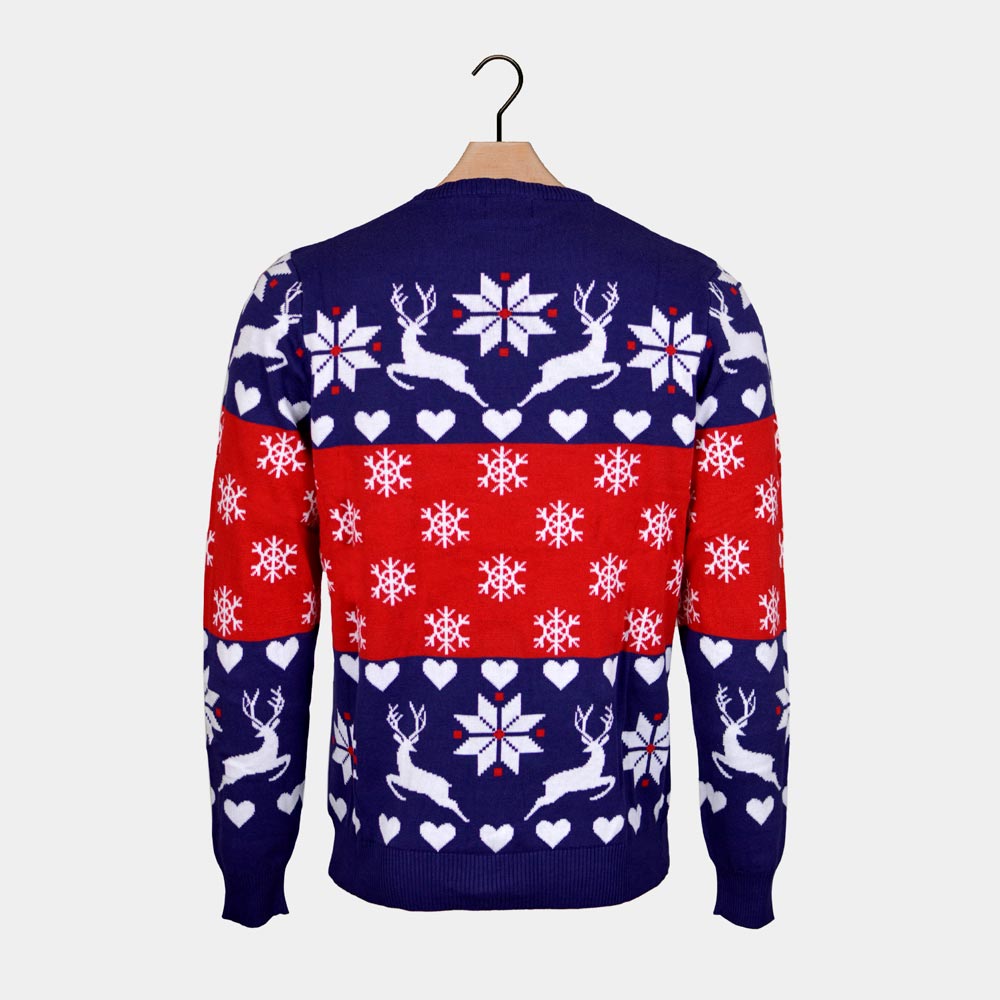 Reindeers and Hearts Red and Blue Couple's Ugly Christmas Sweater