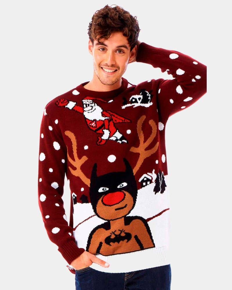 Couple's Ugly Christmas Sweater with Batman Rudolph and Superman Santa mens