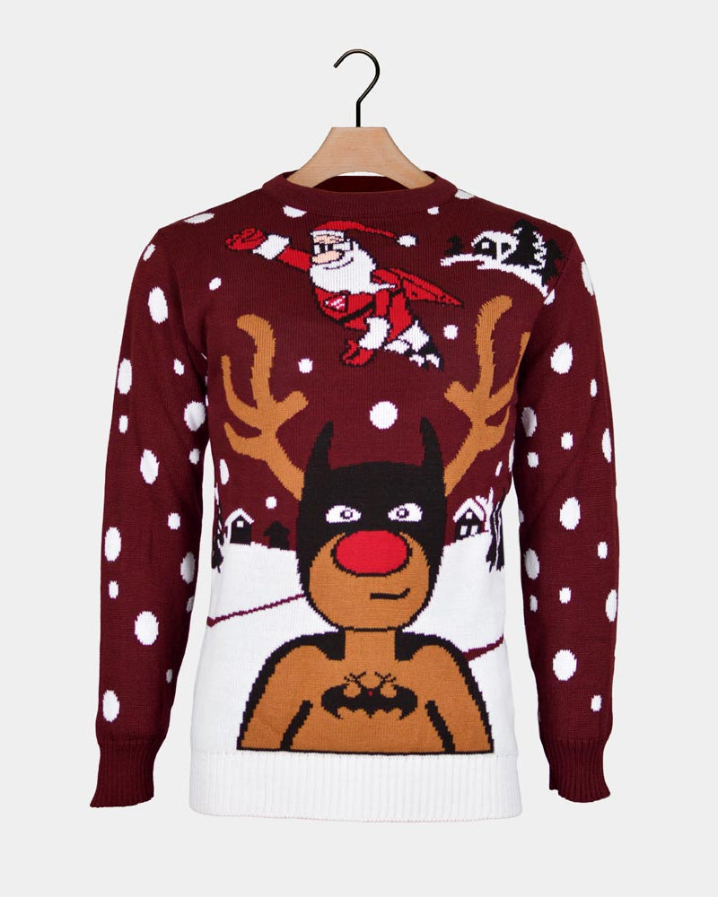 Couple's Ugly Christmas Sweater with Batman Rudolph and Superman Santa