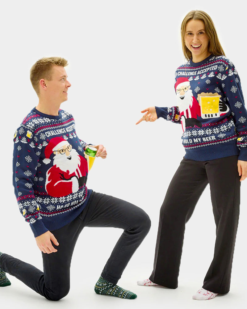 3D Couple's Ugly Christmas Sweater with Beer Pocket