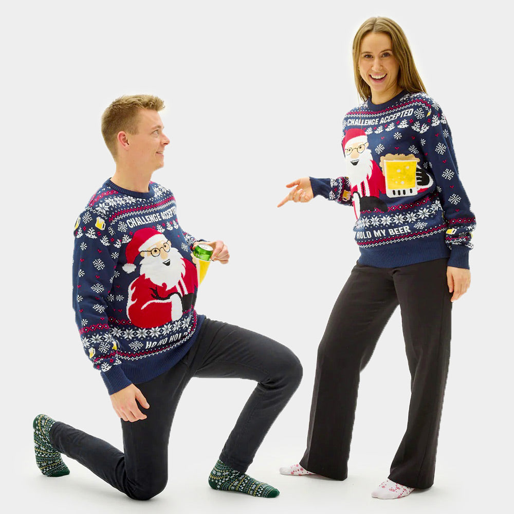 3D Couple's Ugly Christmas Sweater with Beer Pocket