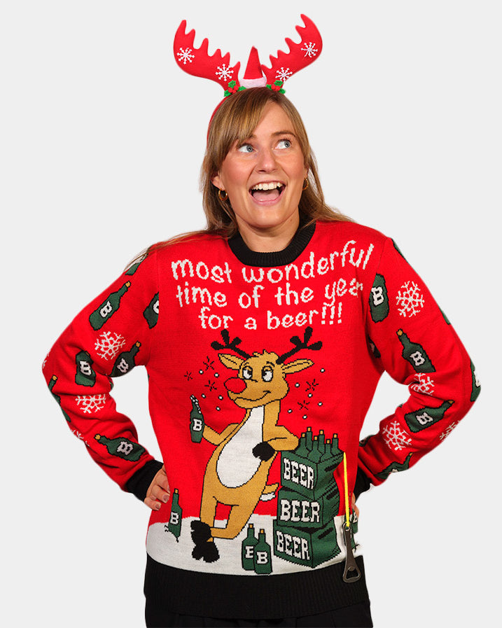 Couple's Ugly Christmas Sweater with Reindeer + Beer Opener womens