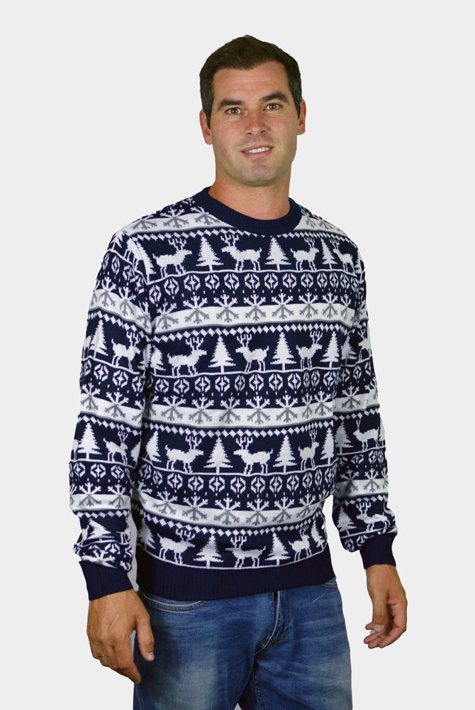 Mens Couple's Ugly Christmas Sweater with Reindeers and Trees Strips