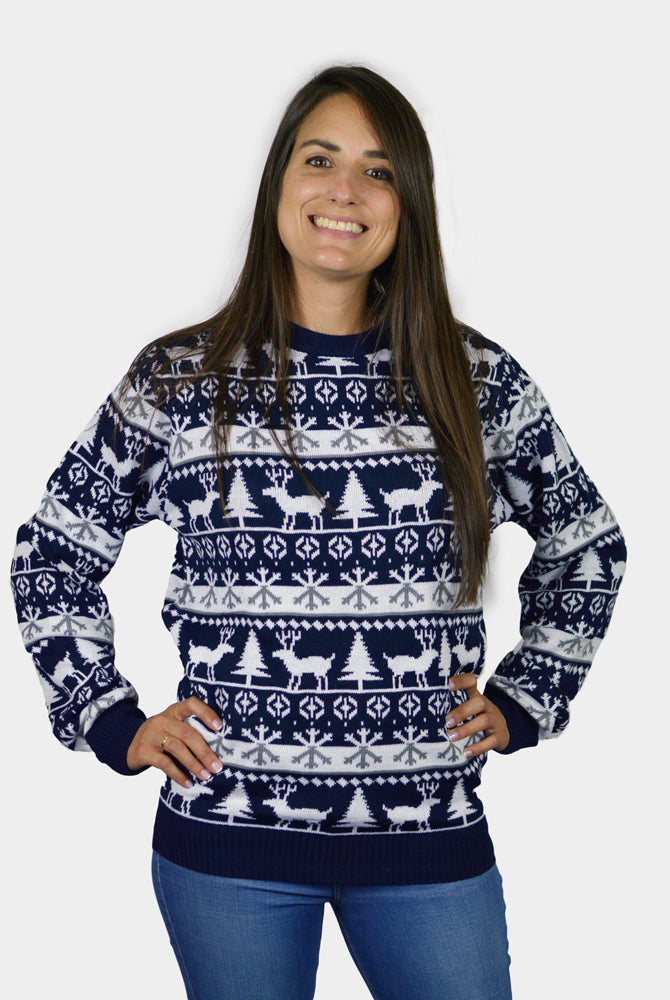 Womens Couple's Ugly Christmas Sweater with Reindeers and Trees Strips