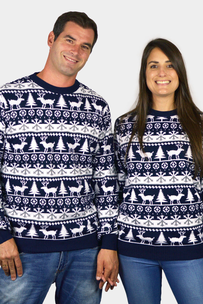 Couple's Ugly Christmas Sweater with Reindeers and Trees Strips