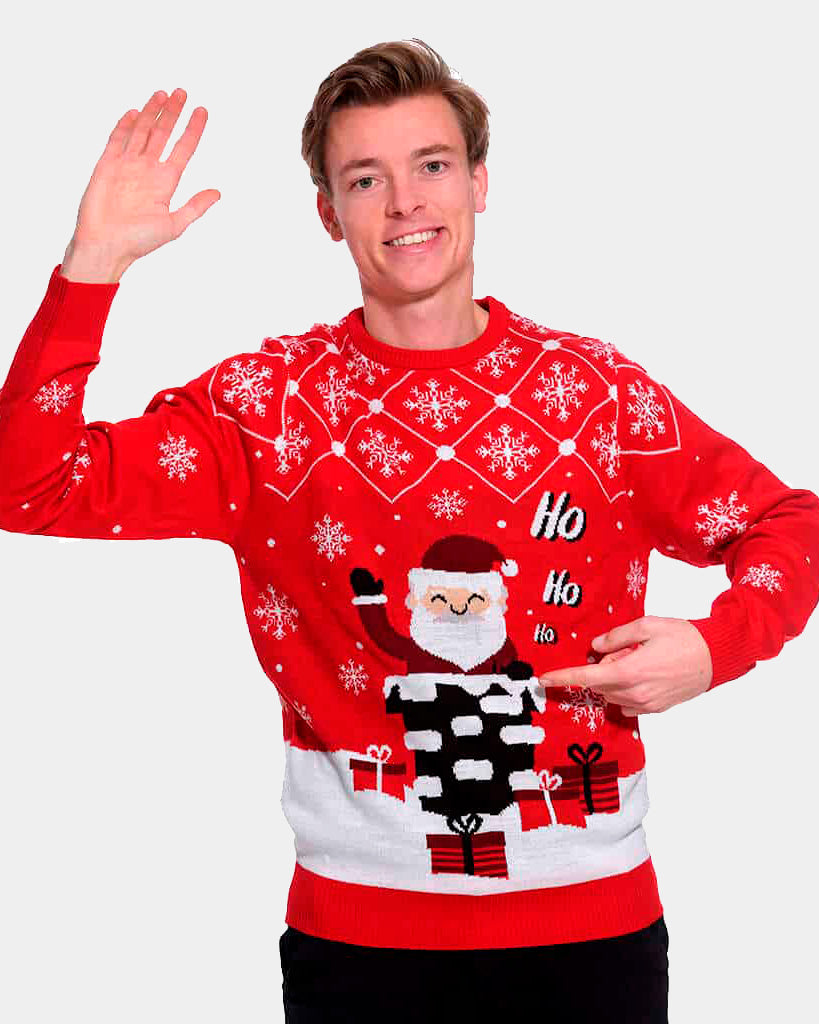 Mens Couple's Ugly Christmas Sweater with Santa Coming through the Chimney
