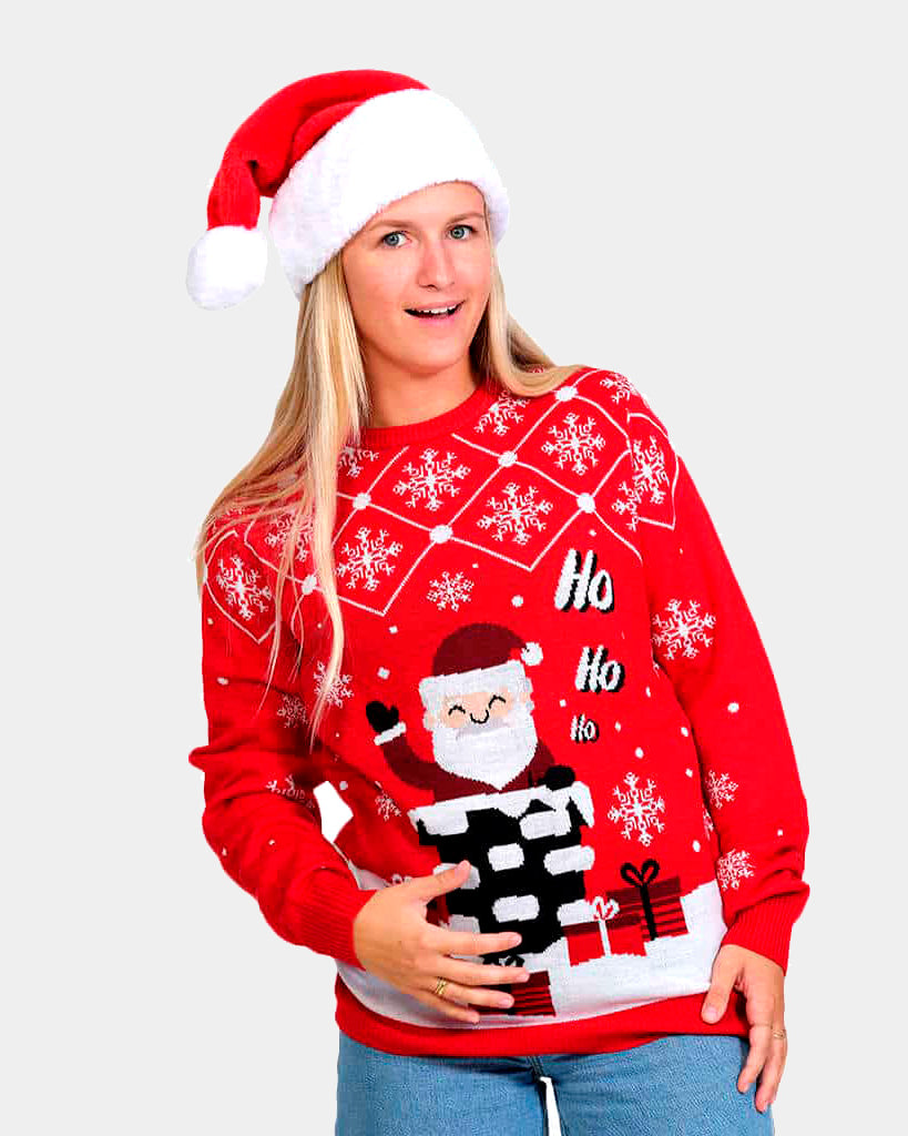 Couple's Ugly Christmas Sweater with Santa Coming through the Chimney womens