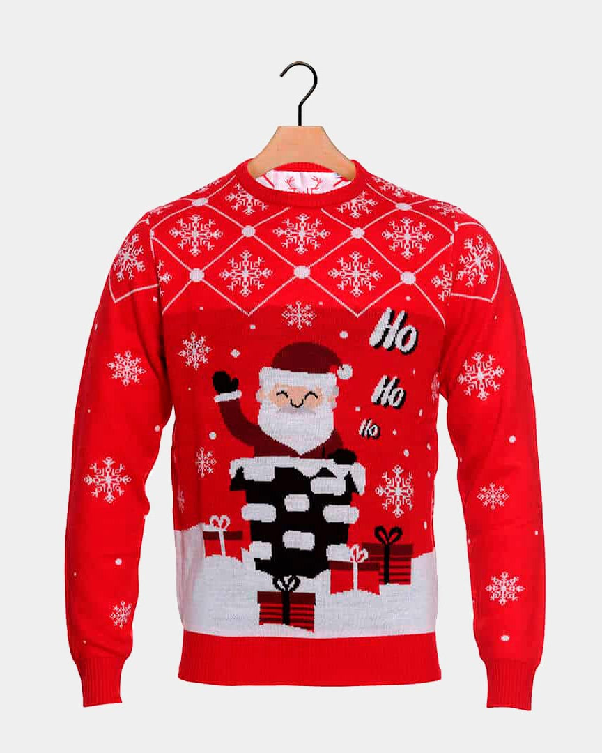 Couple's Ugly Christmas Sweater with Santa Coming through the Chimney