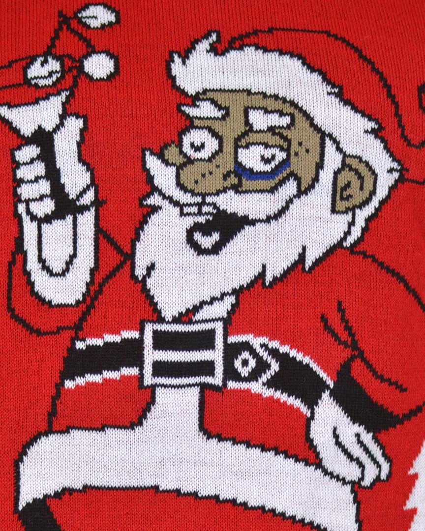 detail Couple's Ugly Christmas Sweater with Santa drinking a Martini
