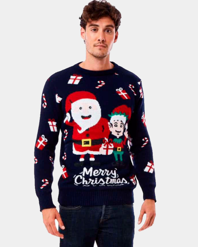 Mens Couple's Ugly Christmas Sweater with Santa and Elf