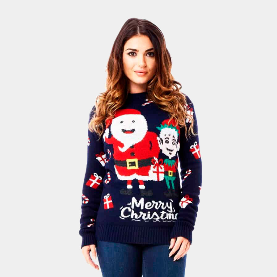 Womens Couple's Ugly Christmas Sweater with Santa and Elf
