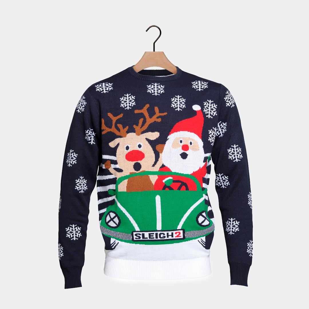 Couple's Ugly Christmas Sweater Santa Reindeer Driving