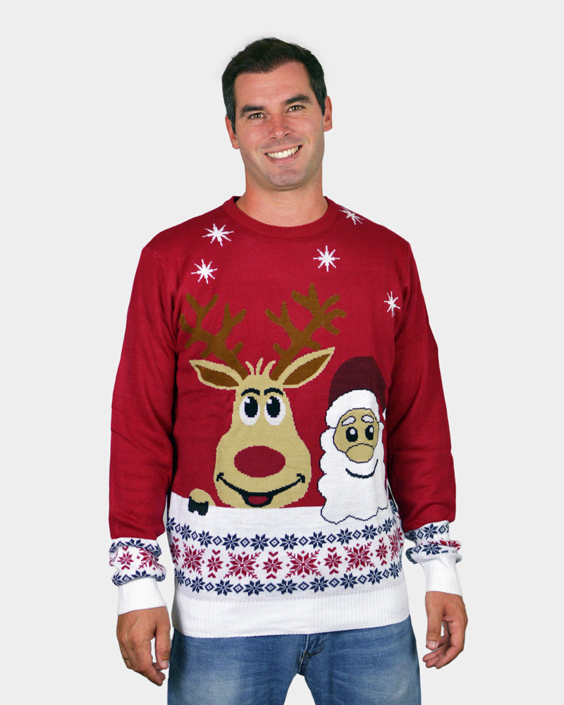 Couple's Ugly Christmas Sweater Mens Santa and Rudolph Smiling