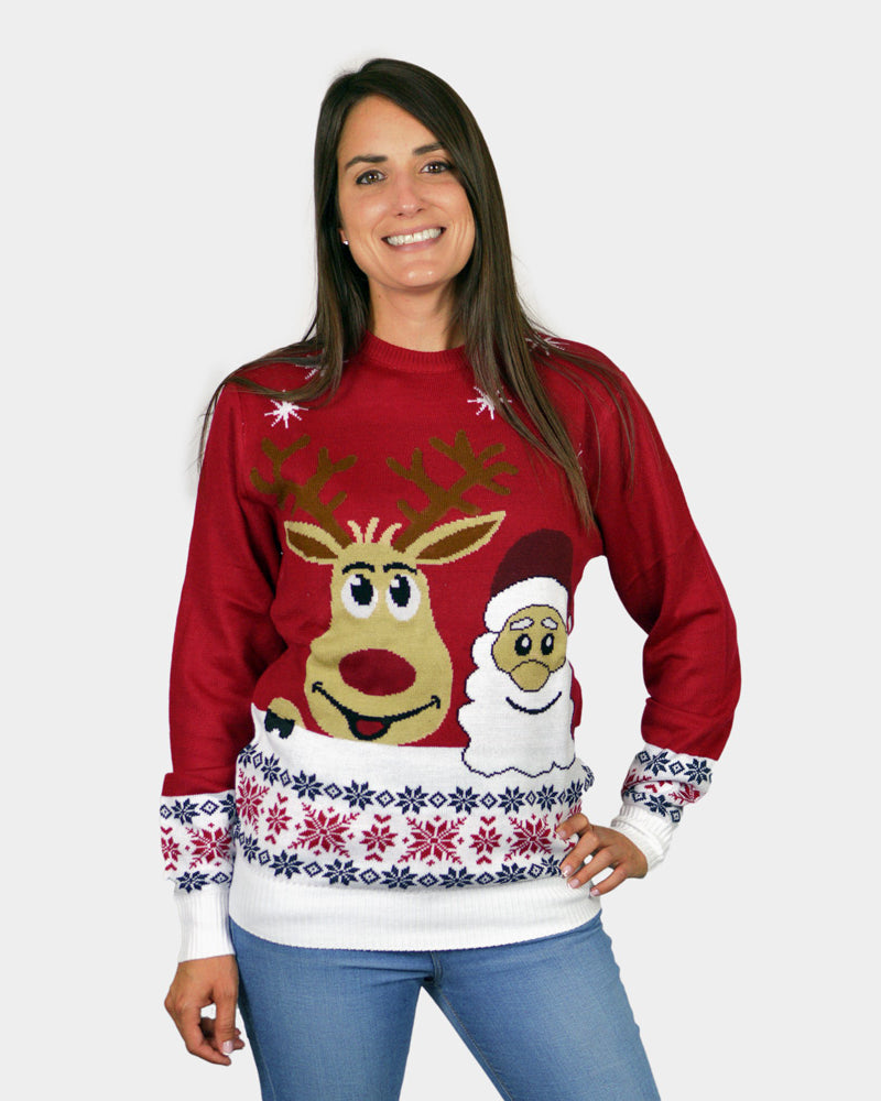 Couple's Ugly Christmas Sweater with Santa and Rudolph Smiling womens