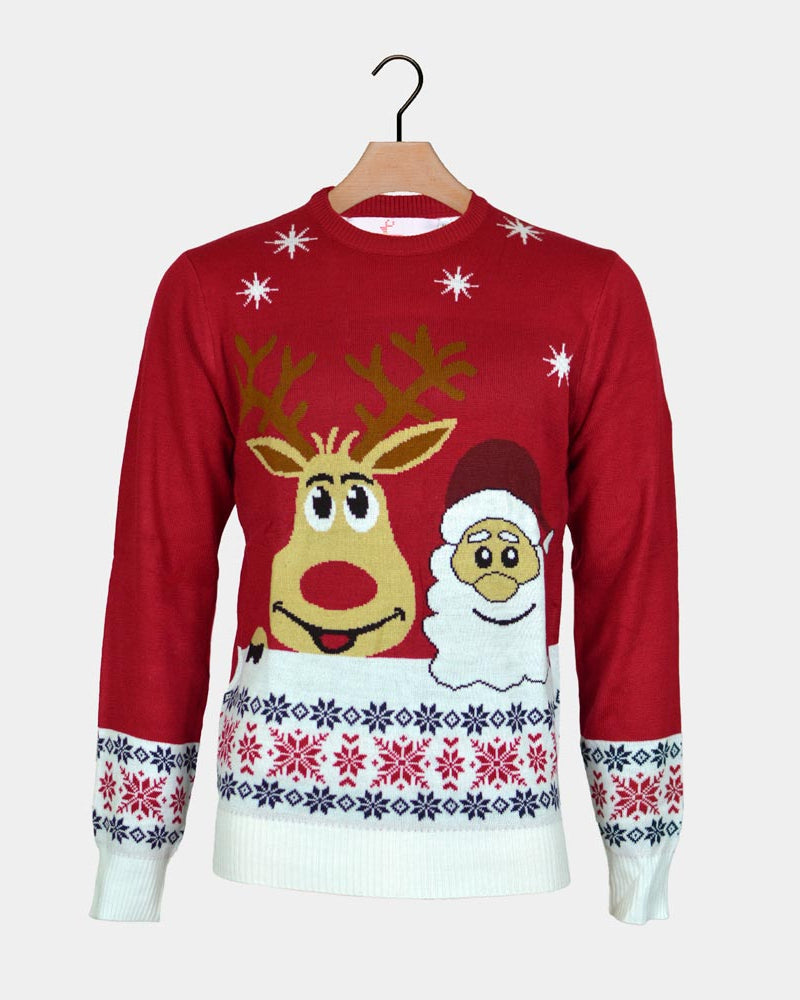 Couple's Ugly Christmas Sweater Santa Rudolph Smiling