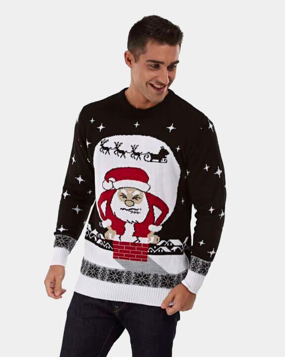 Couple's Ugly Christmas Sweater with Santa stuck in the Chimney Mens