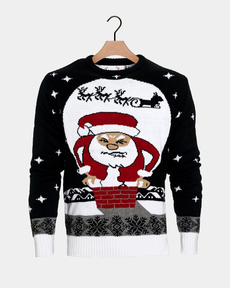 Couple's Ugly Christmas Sweater with Santa stuck in the Chimney