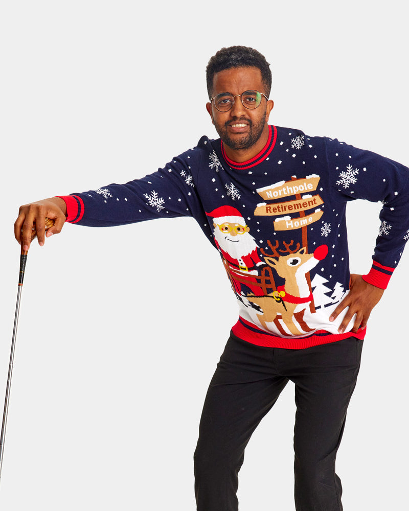 Mens Couple's Ugly Christmas Sweater Santa with a Walker on the way to Retirement