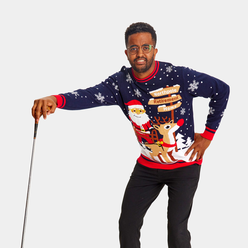 Mens Couple's Ugly Christmas Sweater Santa with a Walker on the way to Retirement