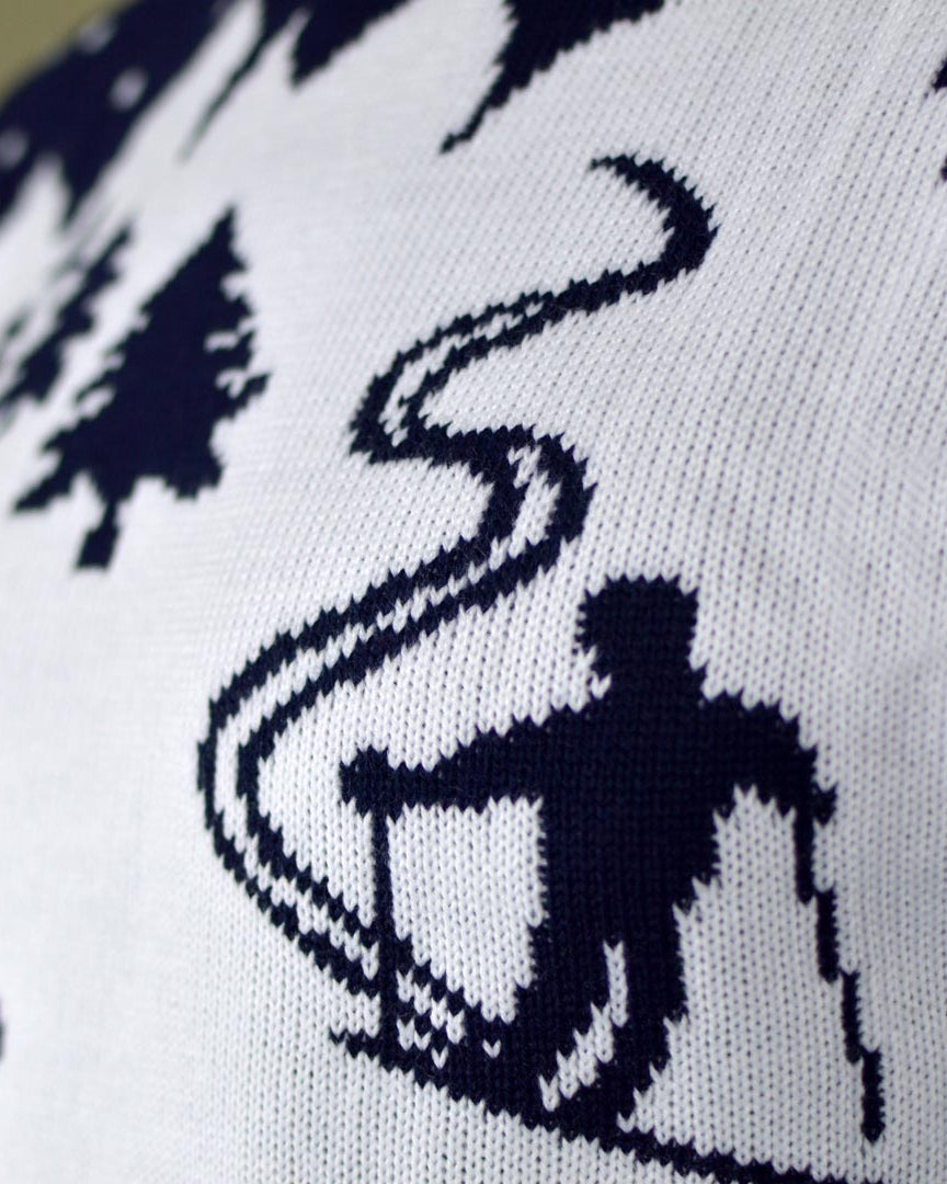 Couple's Ugly Christmas Sweater with Skiers detail